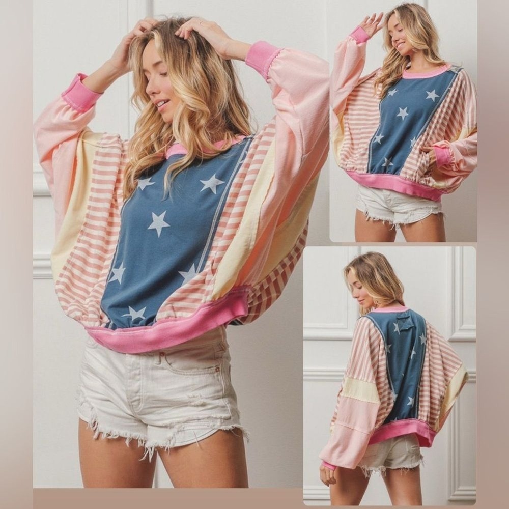 BiBi Stars & Stripes Pink‎ Yellow Blue Dolman Sleeve Sweatshirt XL/XXL Patchwork